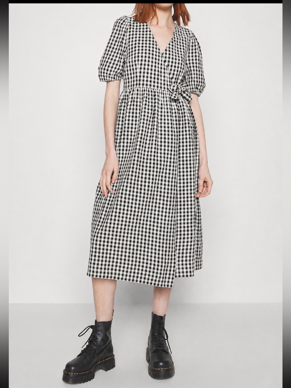 Monkl Black & White Gingham Tie-Waist Wrap Midi Dress Puff Sleeves Size Small